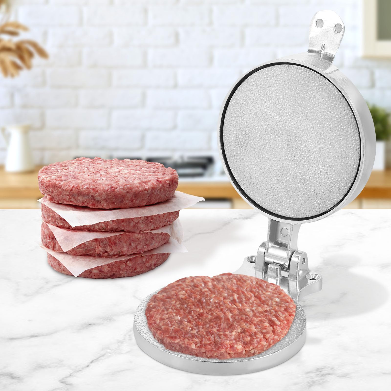Bpyhebe Adjustable Aluminum Burger Press, Non-Stick Hamburger Patty Maker with Grid Design, Manual Meat Press Mold for Beef, Pork, Chicken, Fish Patties - Ideal for Home Kitchen & BBQ