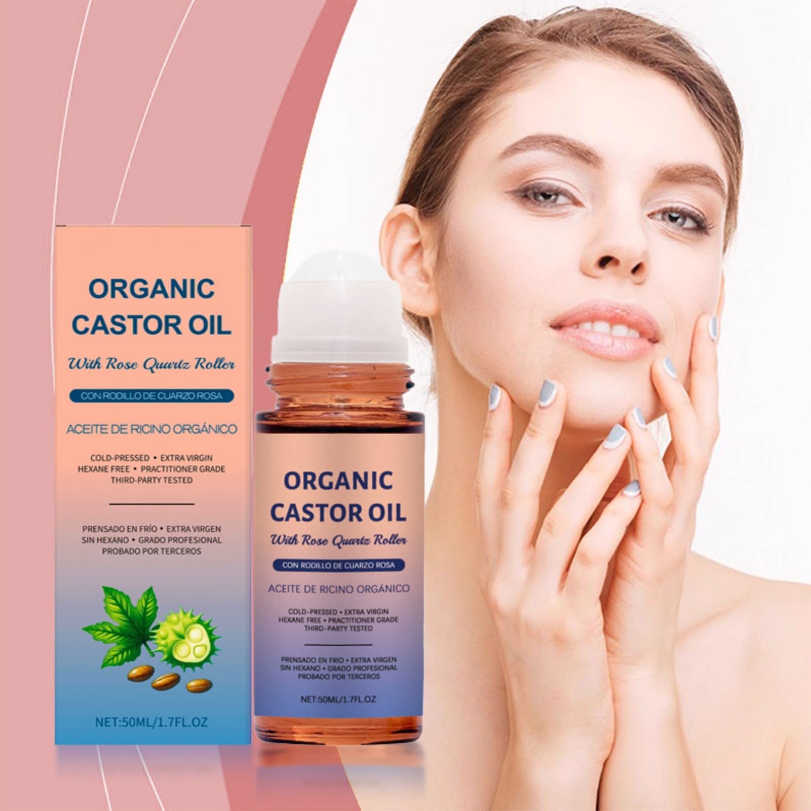 Organic Castor Oil Roll-On, Rose Quartz Roller, Cold Pressed, 50 ml