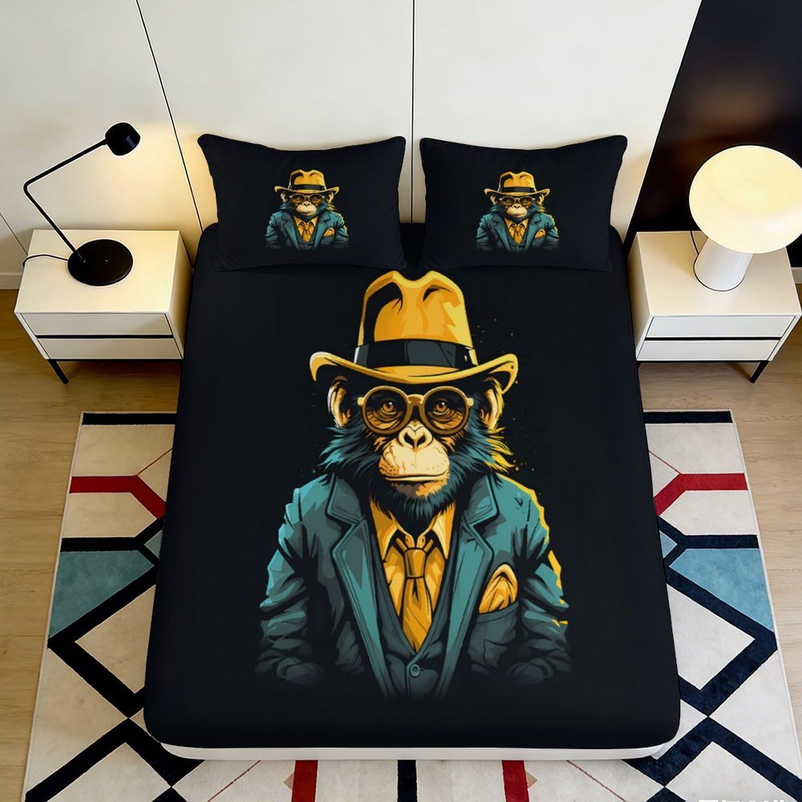 3D Printed Gentleman Monkey Fitted Sheet Microfiber Non-Slip Deep Pocket Bedroom Bedding Monkey Mattress Fitted Cover Washable for All Ages 90x200x25cm 90x200x25cm