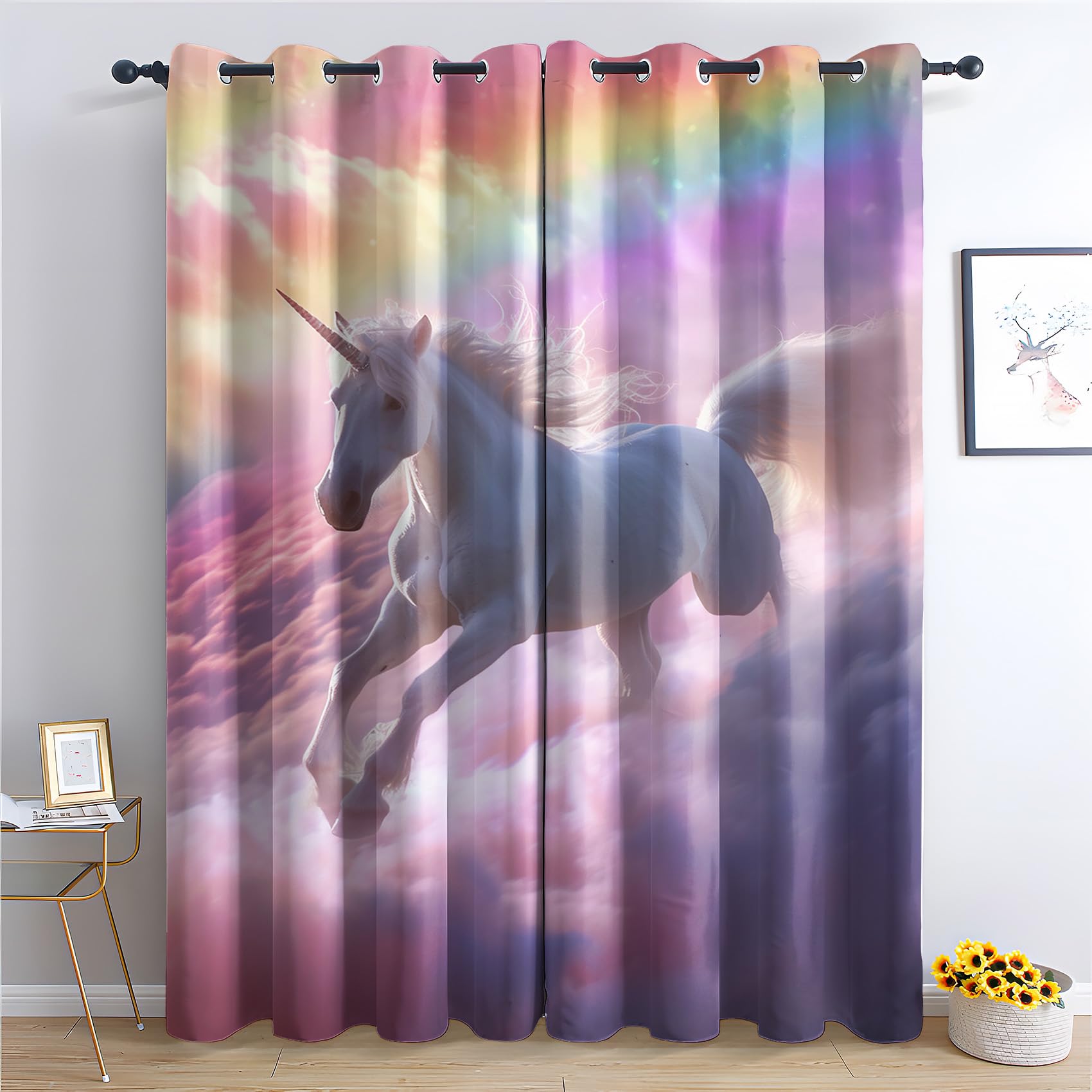 Unicorn Blackout Curtains for Bedroom - Girls Rainbow Fantasy Animal Princess Living Room Curtains 66x72 Eyelet - Soft Thermal Insulated Patterned Drapes for Windows - 2 Panels
