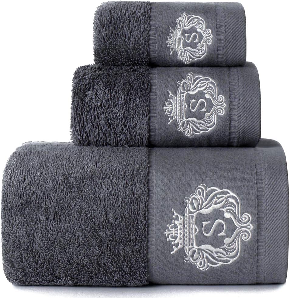 Sunshinejing 3-Piece Bath Towel Set - 55.1 x 28 Inch, 29.5 x 13.4 Inch, 12.6 x 12.6 Inch - 100% Cotton, Grey