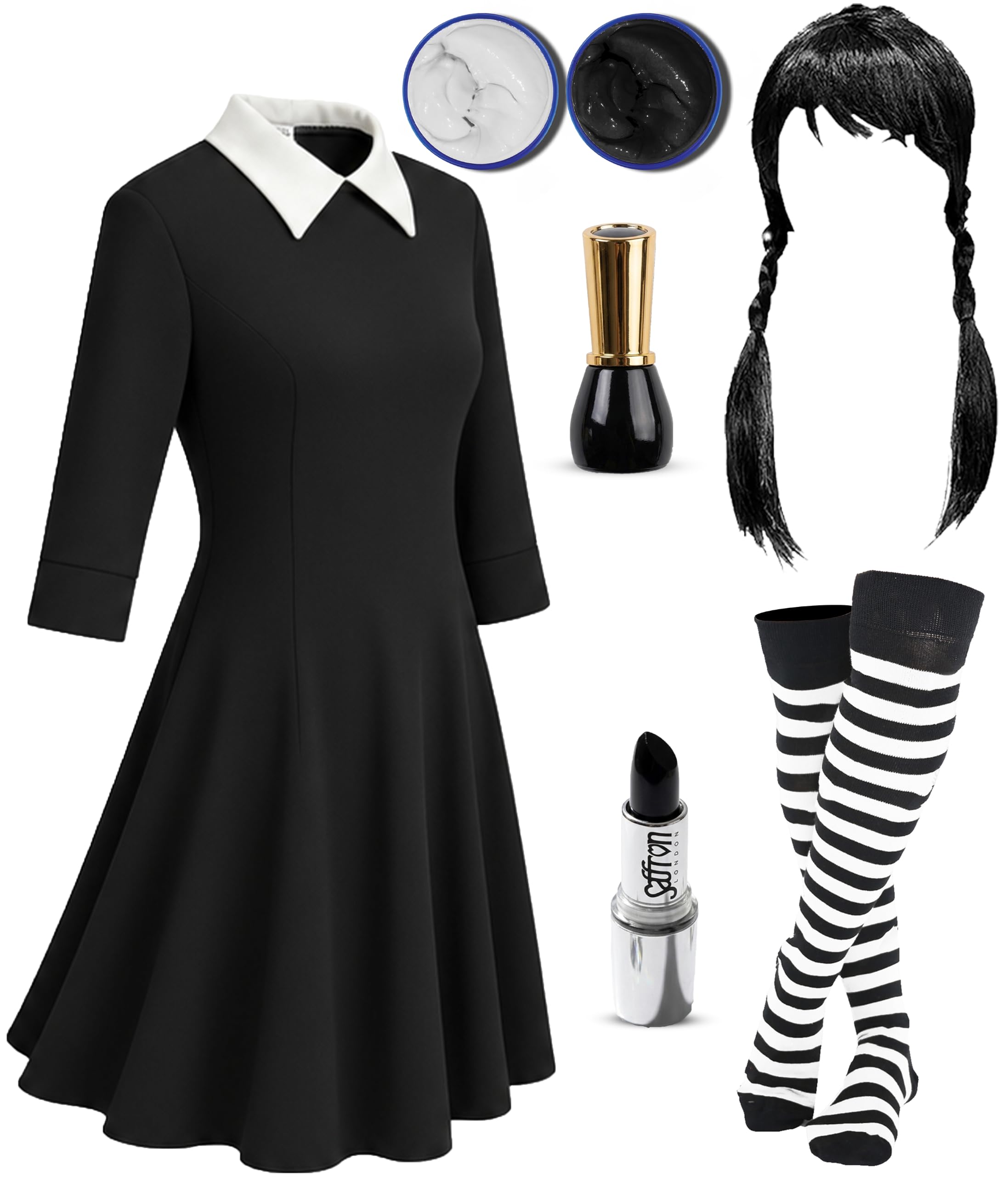 Mega_Jumble Women's Wednesday Addams Costume Set Ladies Gothic Manor Daughter School Girl Fancy Dress Cosplay Halloween Carnival Party Dress Up Outfits (12-14)