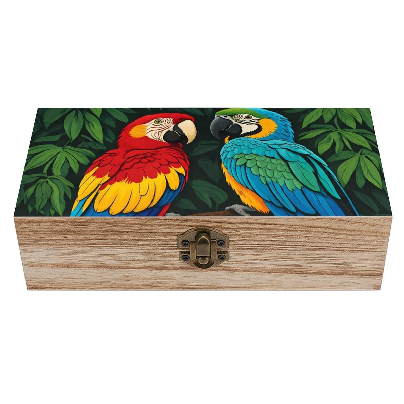 SMAZDFXX Parrot Green Painting Wooden Storage Box With Hinged Lid Decorative Front Clasp Keepsake Boxes