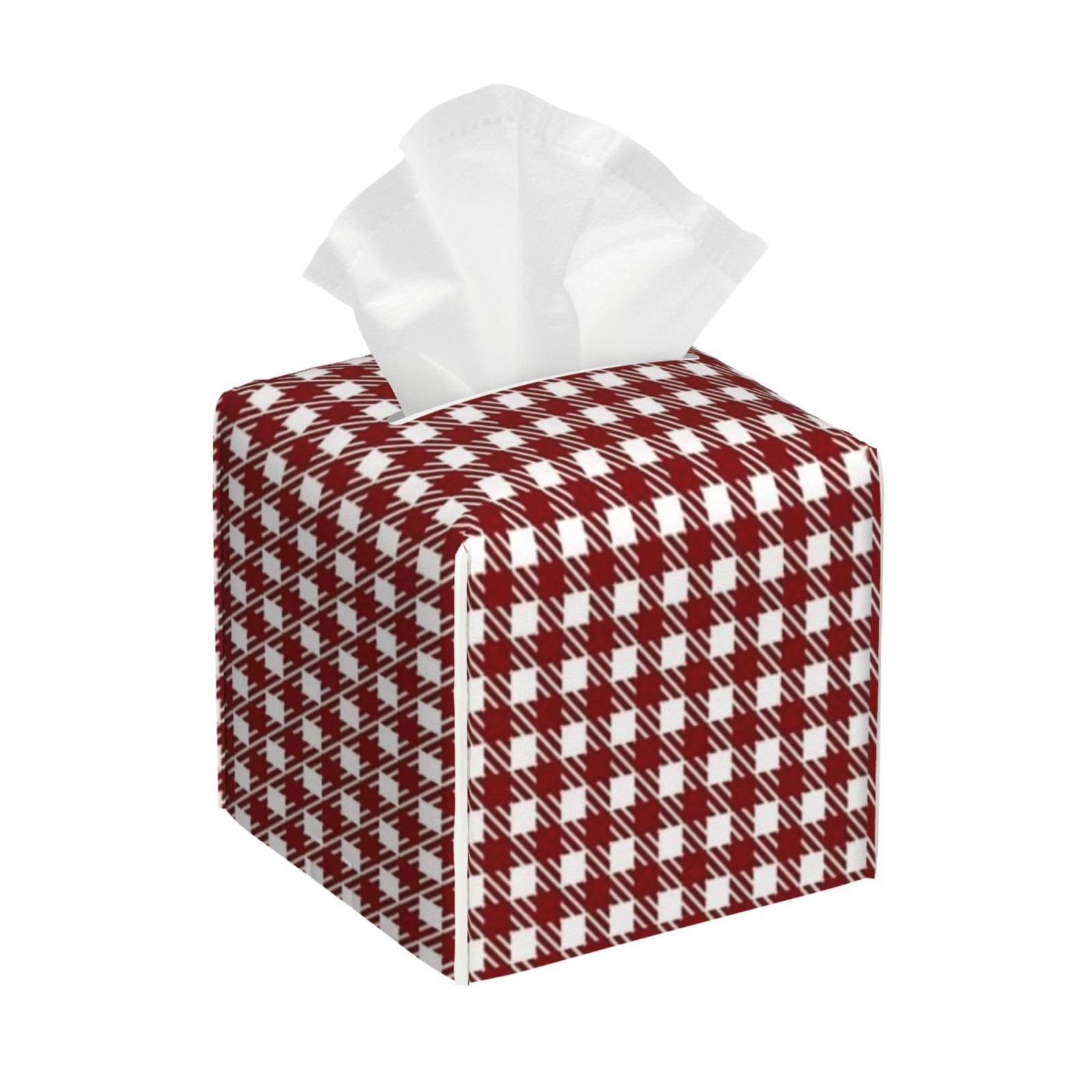 Red Gingham Plaid Check Tissue Box Cover 5" Square Leather Tissue Holder Facial Tissue Case for Tabletop Bedroom Bathroom Desk Decor