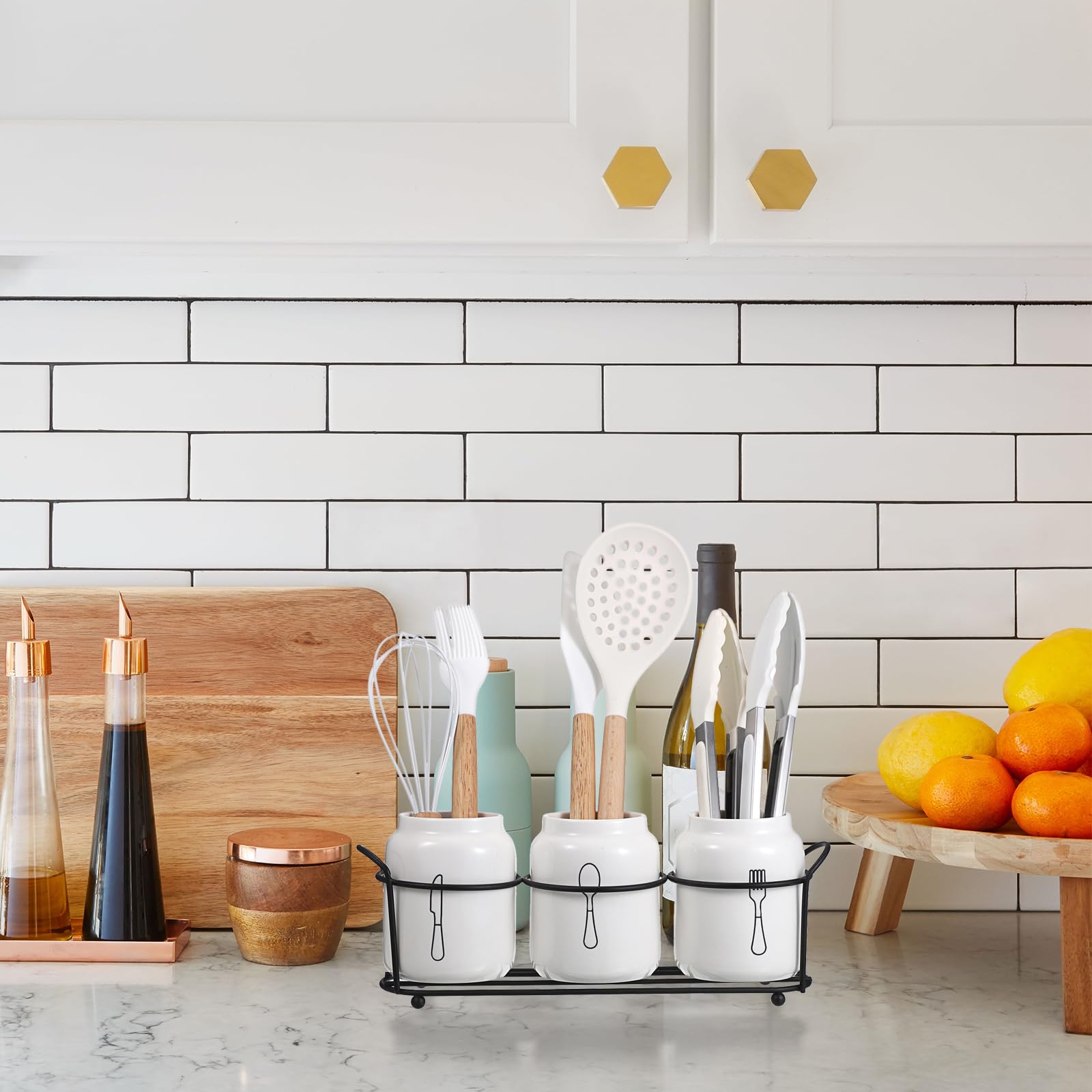 SUMNACON Portaposate in Ceramica, 3 Pezzi, Supporto per Cucchiai, Organizer da Cucina, Armadio da Cucina, Bianco
