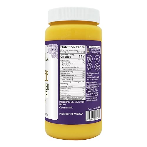 Miniatura 2 de Kevala Mantequilla clarificada Ghee - Alimentada con pasto, sin gluten, sin lactosa para untar, sin caseína, sin sal, sin OMG, 17.6 onzas