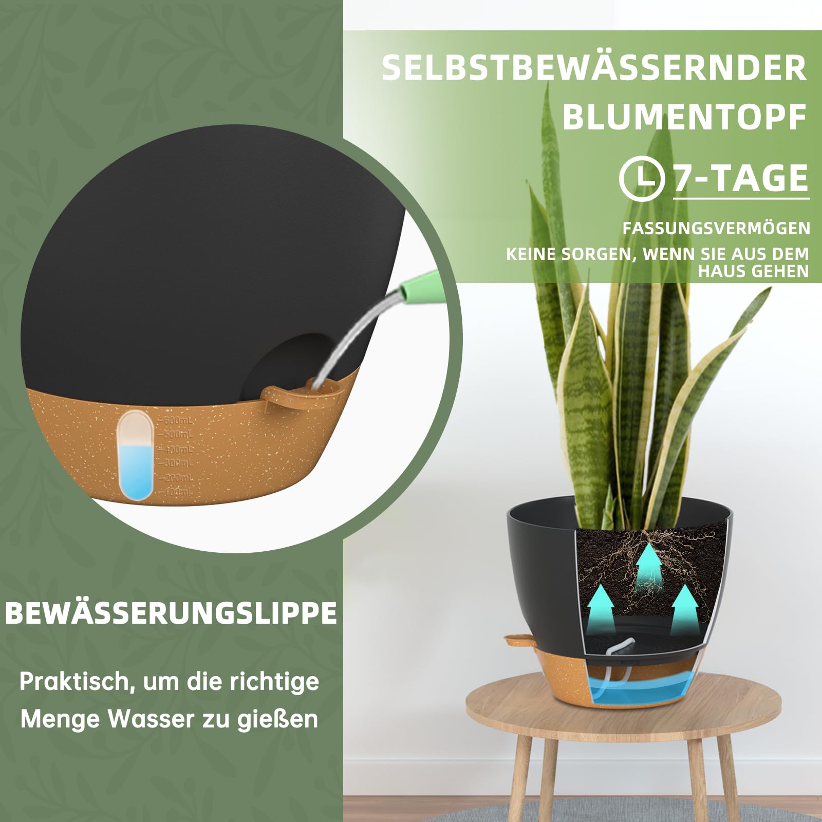 ZMTECH 30 cm Große Blumentöpfe mit Untersetzer, Selbstbewässernde Kunststoff Übertöpfe, Pflanzkübel mit Wasserstand für Innen/Außen (2er-Set, Schwarz)