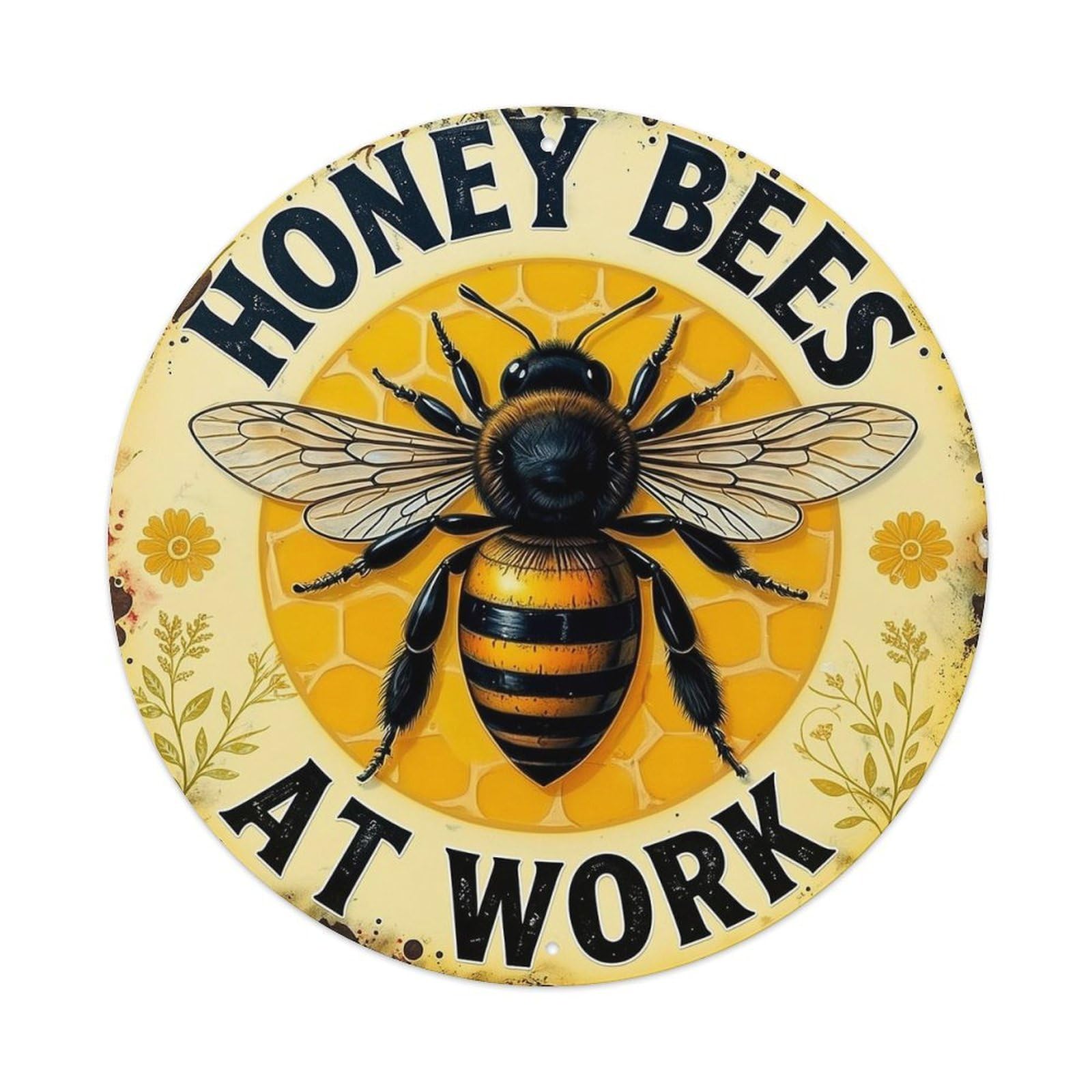 Honey Bee Pattern Print Design Round Tin Sign Vintage Metal Sign Home Bar Garden Indoor & Outdoor Wall Decor Retro Metal Poster 8x8 Inch