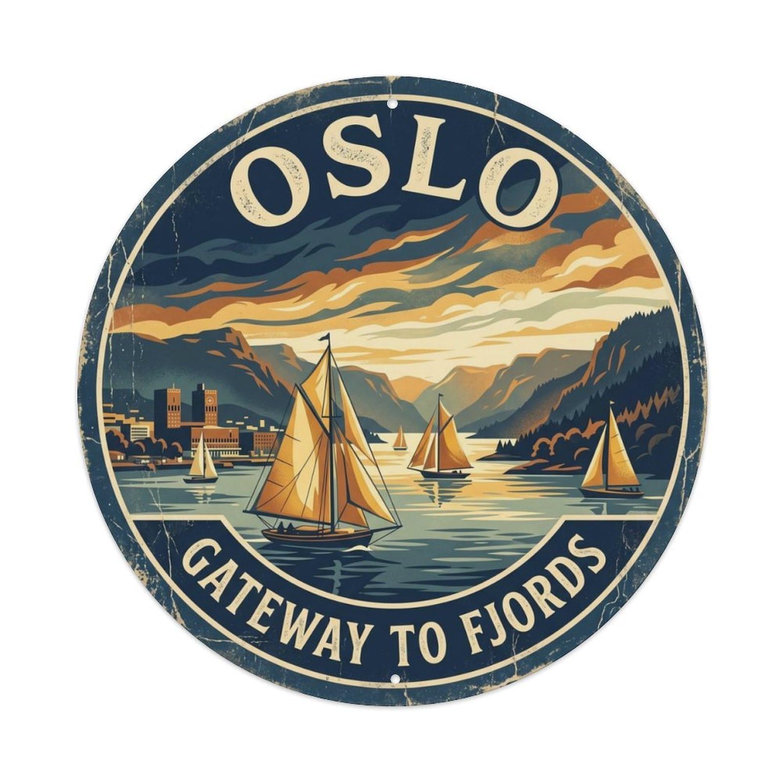 Vintage Travel Oslo Norway Fjord Metal Tin Sign Plaque Wall Decor for Cafe, Club Bar, Office, Home Garden Round Metal Poster 8x8Inch