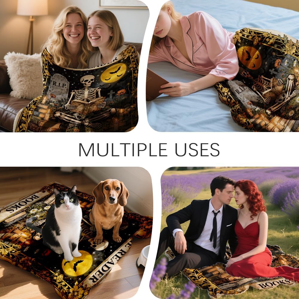 GLOBLELAND Magic Skeleton Reading Throw Blanket 59 x 51 Mysterious Night Tomb Tarot Throw Blankets Magical Theme Reader Books Blanket for Home Sofa Travel Adult Women Comfort Warmth Soft Cozy