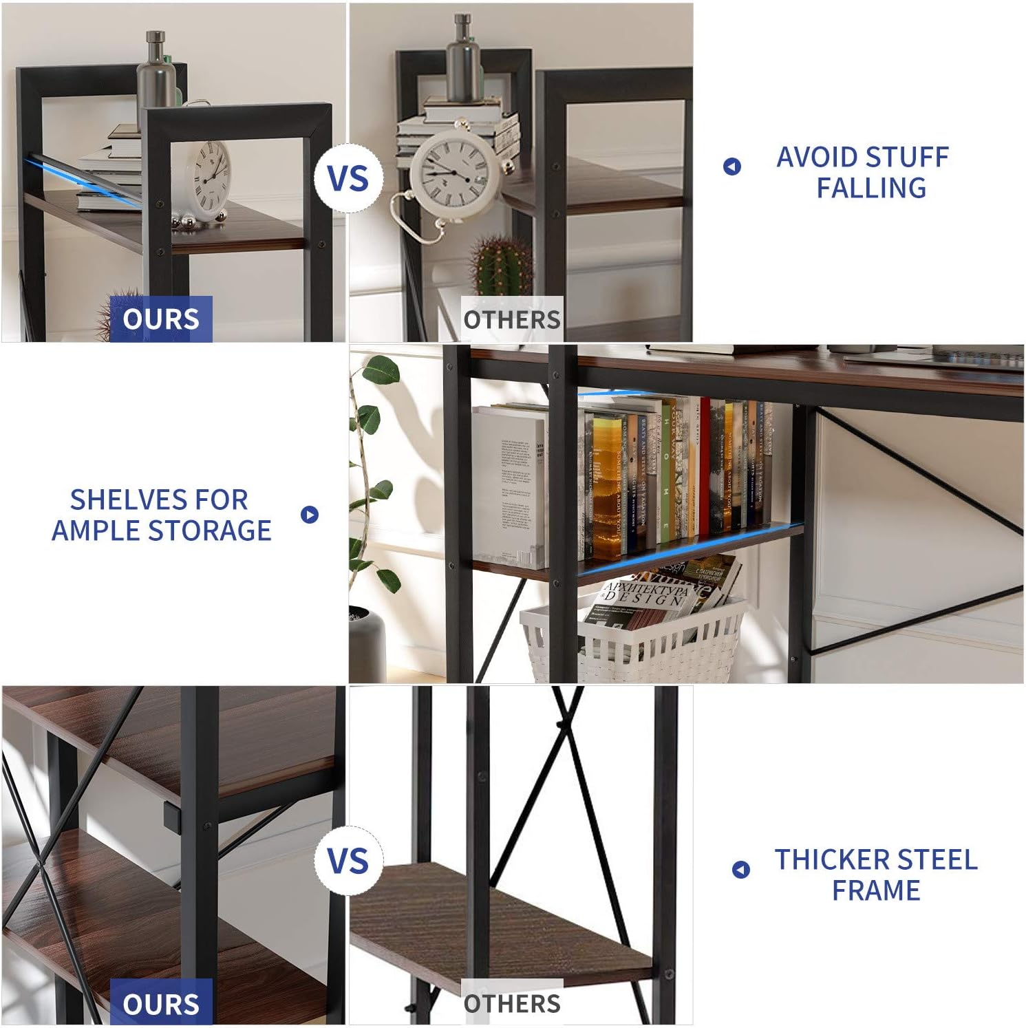 VADIM Computer Desk with Shelves, Modern Office Desk with 4-Tier Shelf, Durable Working Desk for Home, Bedroom, Office, Sturdy Writing Table with Storage Bookshelf, 47 Inches, Walnut