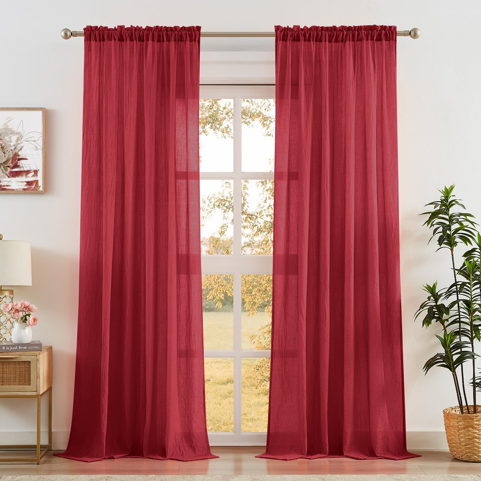 Anpark Red Sheer Curtains 108 Inches Long for Patio Sliding Door, Natural Cotton Linen Textured Light Filtering Semi Sheer Curtains Rod Pocket Living Room Voile Drapes, W52 x L108 in, 2 Panels