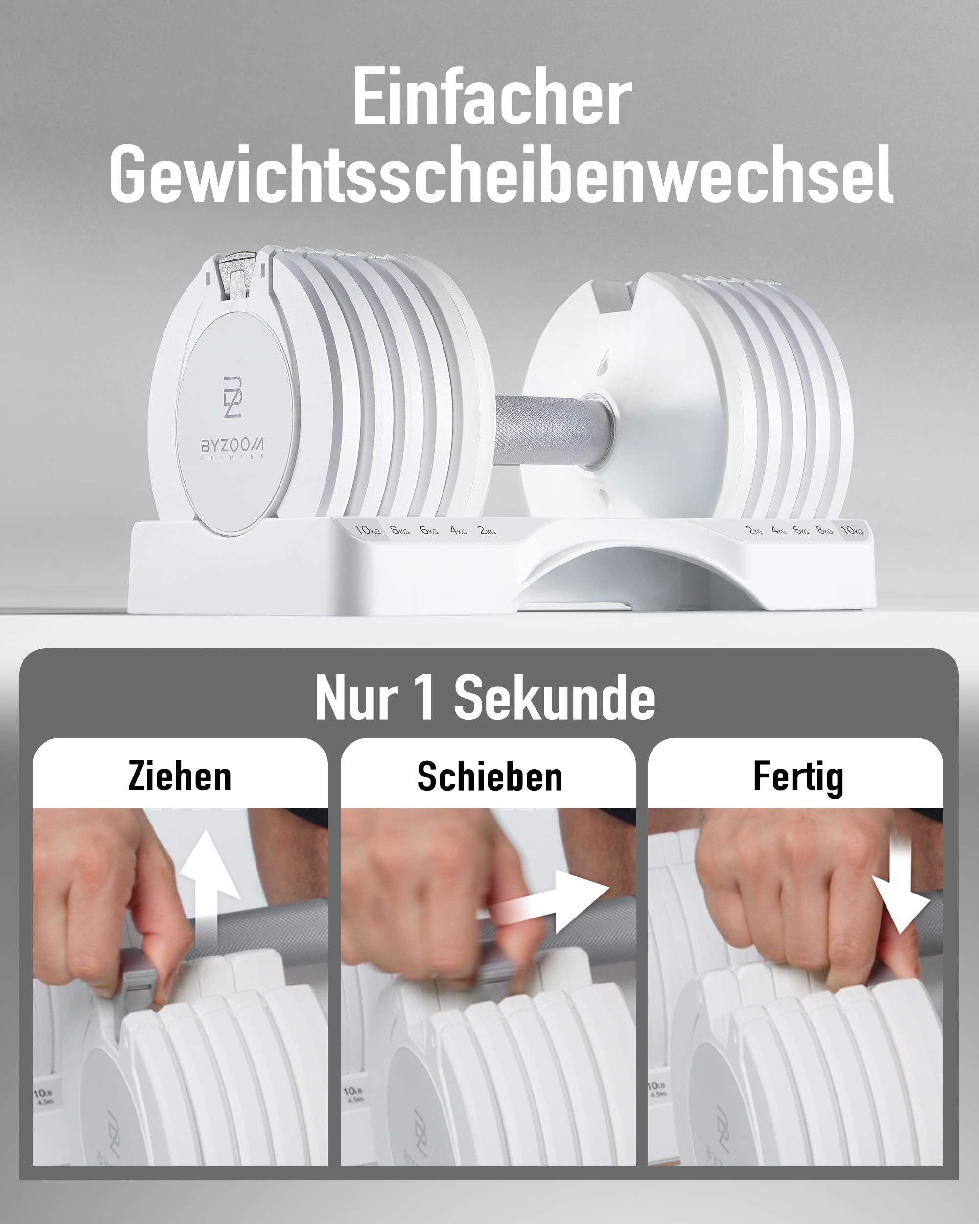 BYZOOM FITNESS Adjustable Dumbbell Single Piece, Verstellbare Hanteln 10 KG Einzeleinheit Ideale verstellbare Hanteln für zuhause, Krafttraining und Ganzkörpertraining 5-in-1 für Anfänger