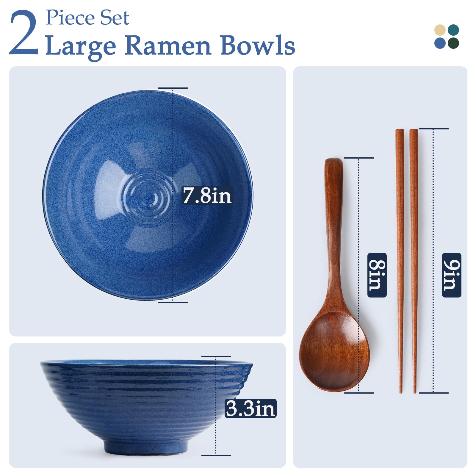 NUTRIUPS Lot de 2 bols à ramen en céramique de 20,3 cm avec cuillères et baguettes (bleu saphir)