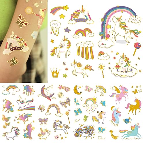 Yarlilyan 60+ Tatuajes de unicornio metálico dorado colorido de dibujos animados para recuerdo de fiesta de cumpleaños, calcomanía de tatuaje