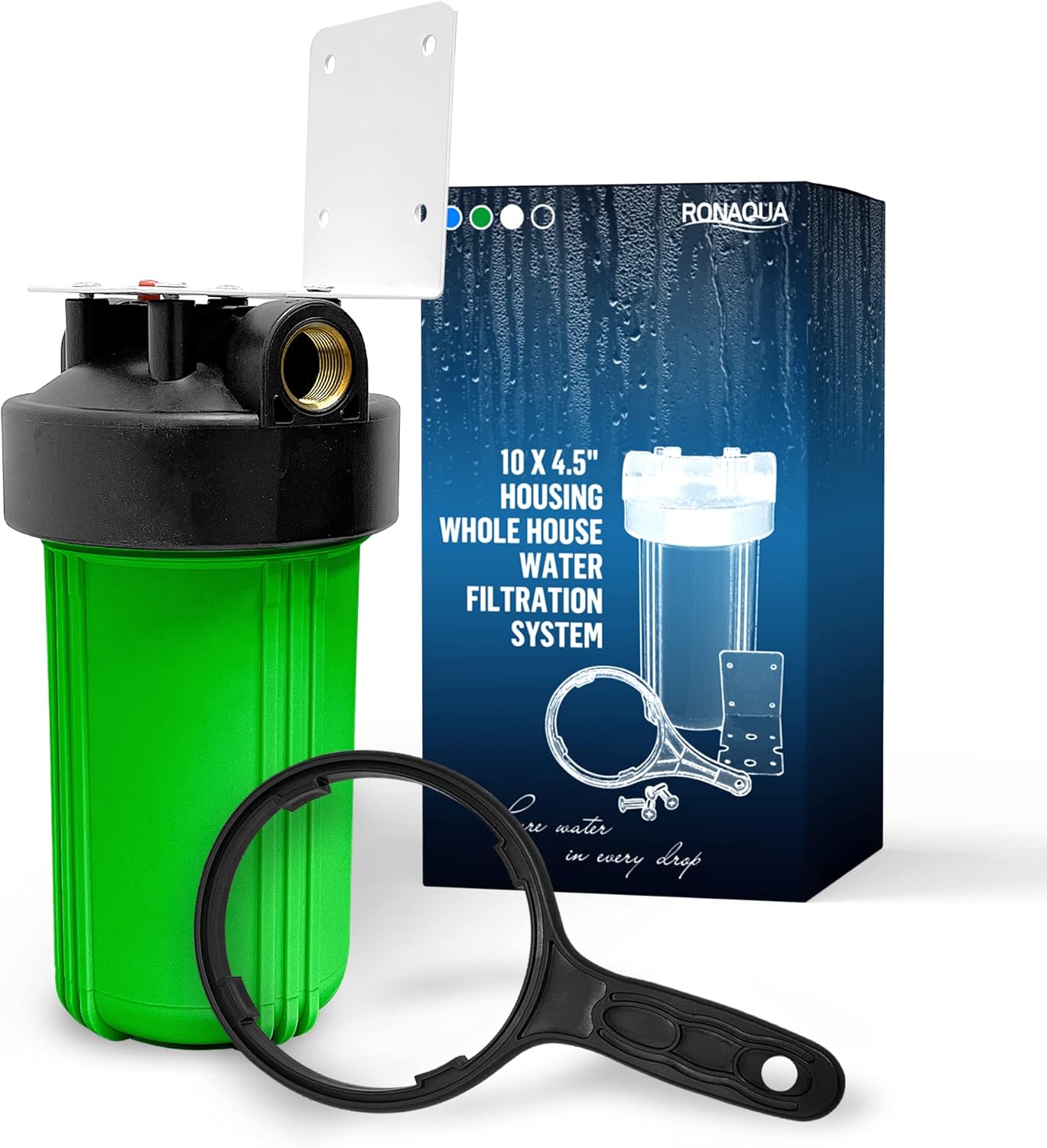 High Capacity 10 x 4.5” Whole House Filter Purifier System for Well or City Water, Presser Relief Button, 1” NPT Brass Port, Double O-ring, Meets NSF Standards & Regulations (Green, 1 Set)