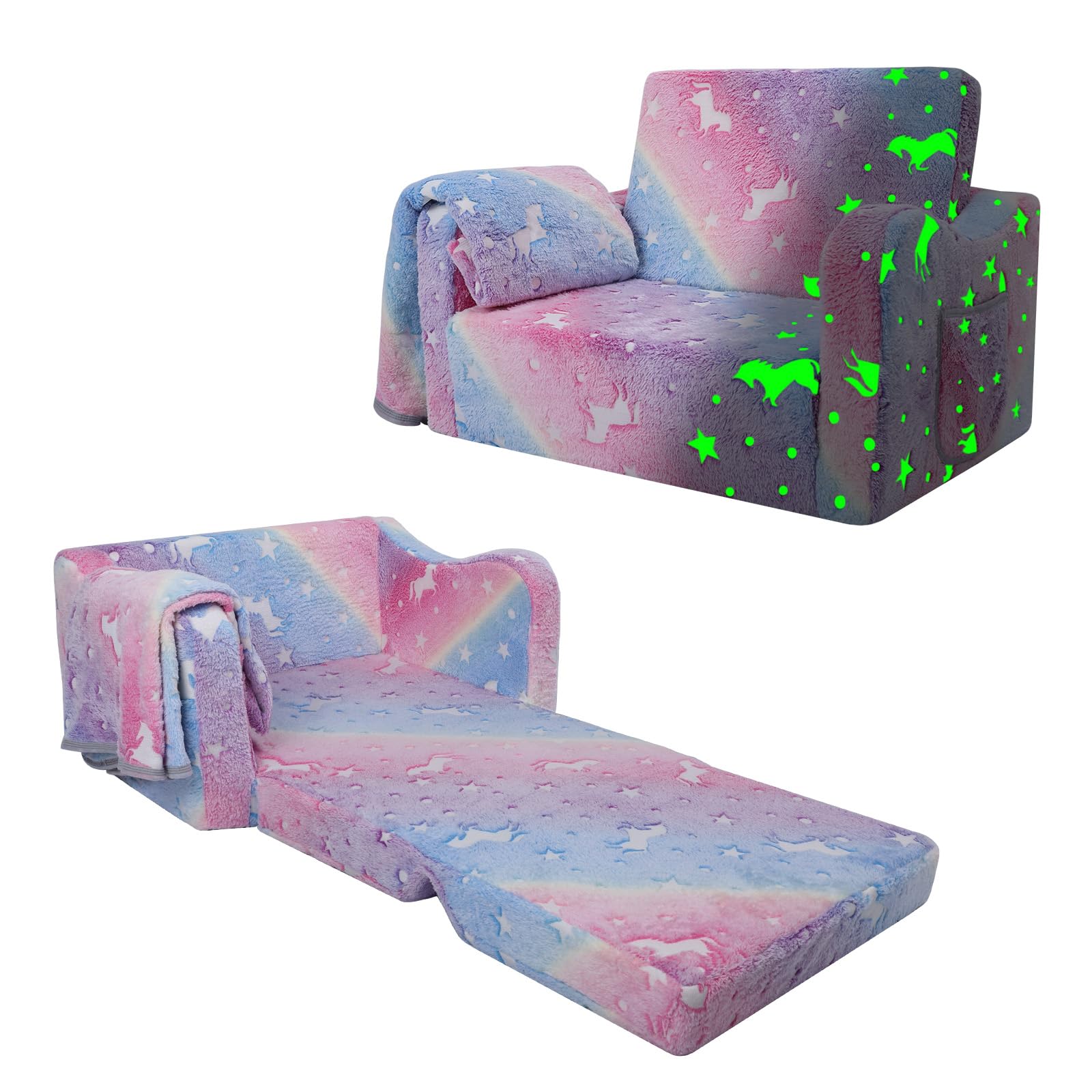 Convertible Sofa para Niños 2 en 1,Suave Cómoda Sofa con Manta para Niñas y Niños,Brilla en la Oscuridad Silla Plegable Niño para Dormitorio Sala de Juegos,Rosa Unicornio
