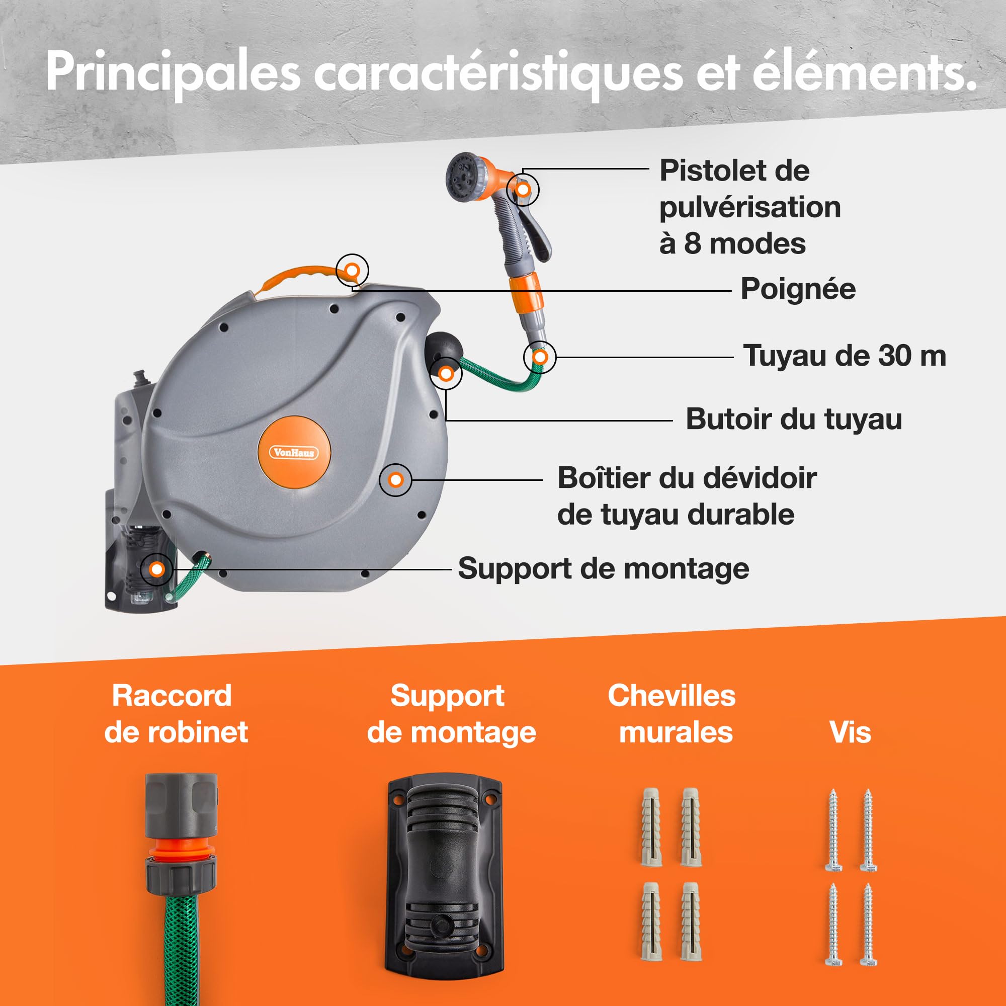 VonHaus Enrouleur Tuyau Arrosage Mural 30 m, Tuyau Arrosage avec Enrouleur, Verrouillage et Enroulage, Fixations Murales, Pulvérisateur 8 Fonctions (30 m) | Tuyau Arrosage avec Enrouleur, Verrouillage et Enroulage, Fixations Murales, Pulvérisateur 8 Fonct