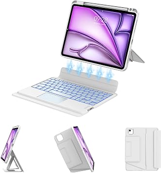 Keyboard Case for iPad Air 11-inch M4/M3/M2&iPad Pro 11 1st/2nd/3rd/4th Gen & Air 5th/4th, Magnetic Detachable Keyboard, Precision Trackpad, 7-Color Backlit, Protective Case with Pen Holder, White