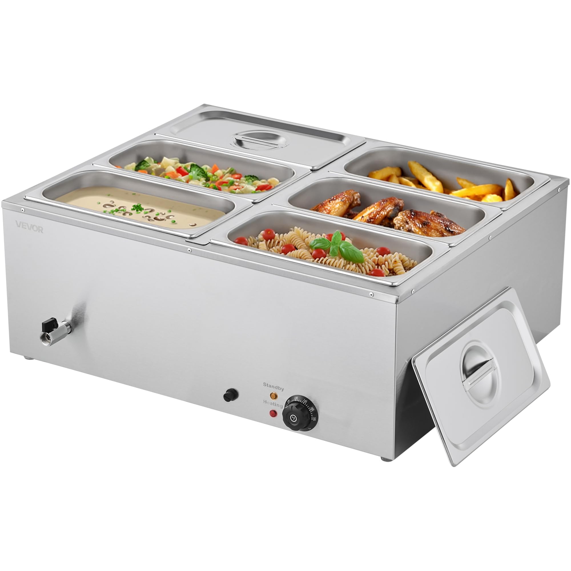 VEVOR Calentador de Alimentos 1500 W, de Acero Inoxidable, con Tapa, para 6 Sartenes, para Bufé de Encimera, Baño María con Cucharones para Sopa y Perforados, para Catering, 710 x 568 x 280 mm