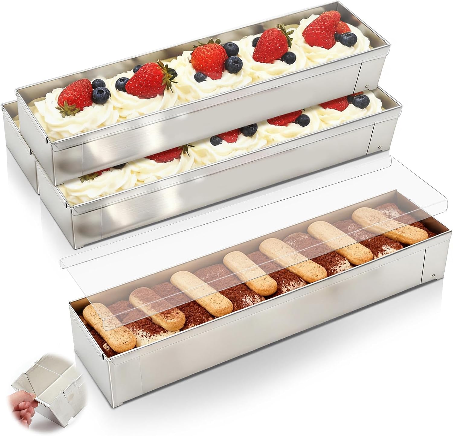 4 Pcs Nonstick Rectangle Tiramisu Cake Pan with Acrylic Lid Removable Frame 304 Stainless Steel Cake Baking Molds for Tiramisu Cheesecake Mousse, 15.75 x 3.94 x 2.56 Inch