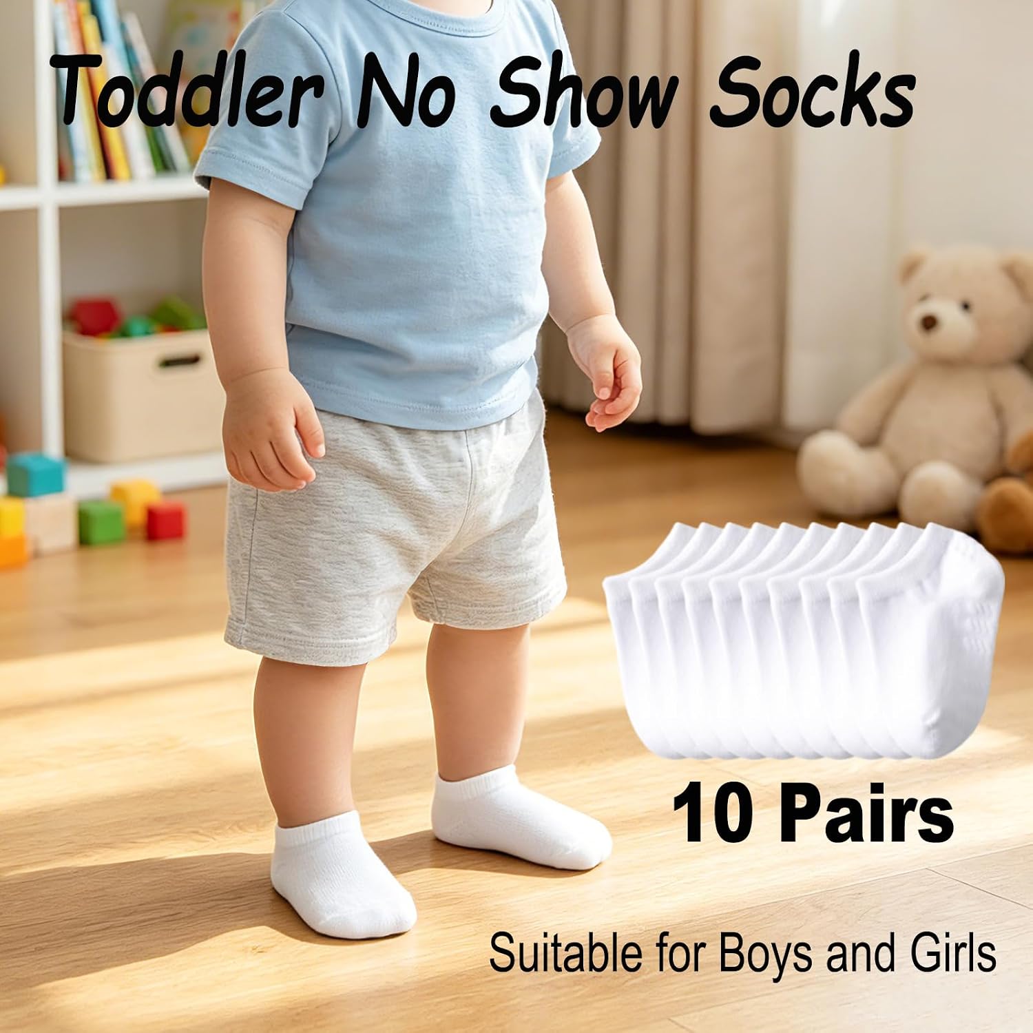 Toddler No Show Socks 10 Pairs, Soft Cotton Seamless Non Slip Grip Baby Socks for Girls Boys 6 Months-5T