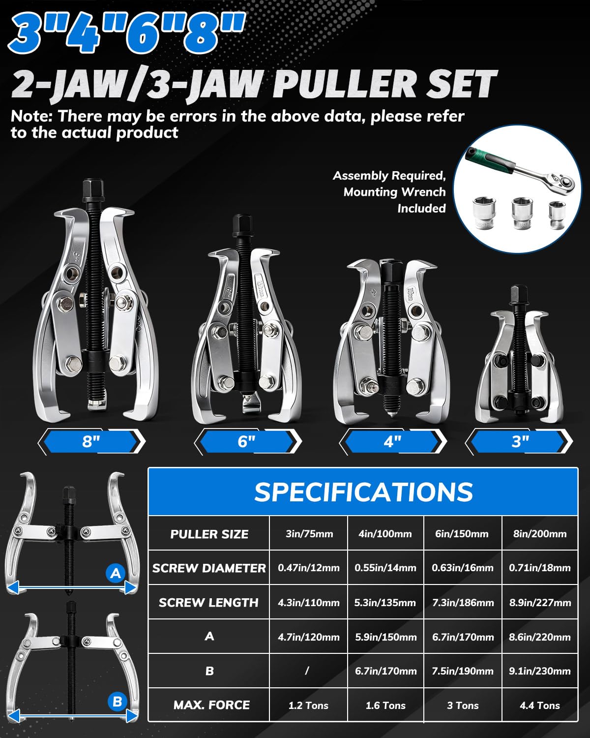 Juego Extractor de Rodamientos y Engranajes de 3" 4" 6" 8" de Acero Cr-V