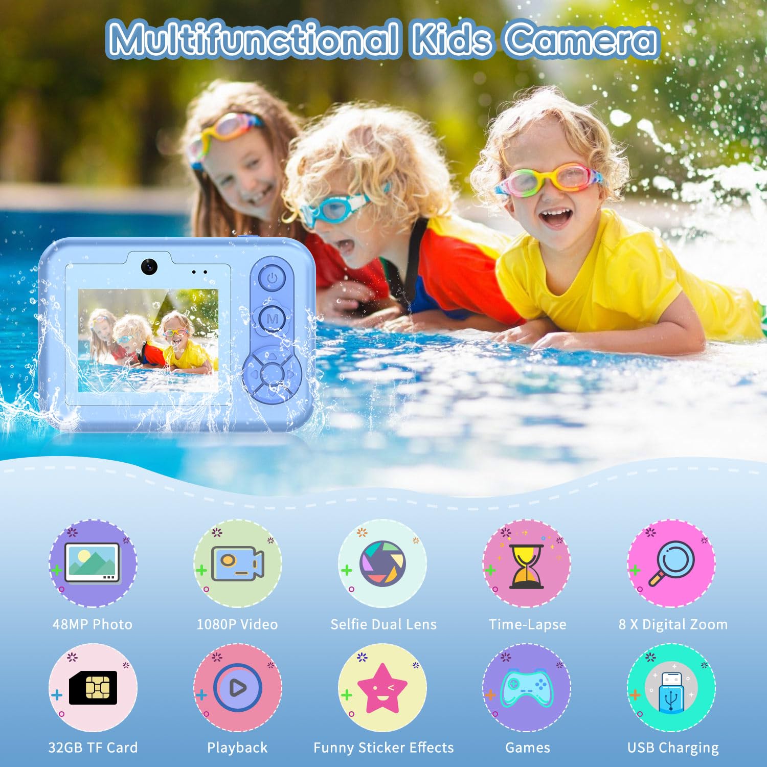 Caméra sous-marine étanche pour enfants, appareil photo numérique HD pour tout-petits avec enregistrement vidéo 1080p, cadeau d'anniversaire idéal pour garçons et filles de 3 à 12 ans avec carte de 32