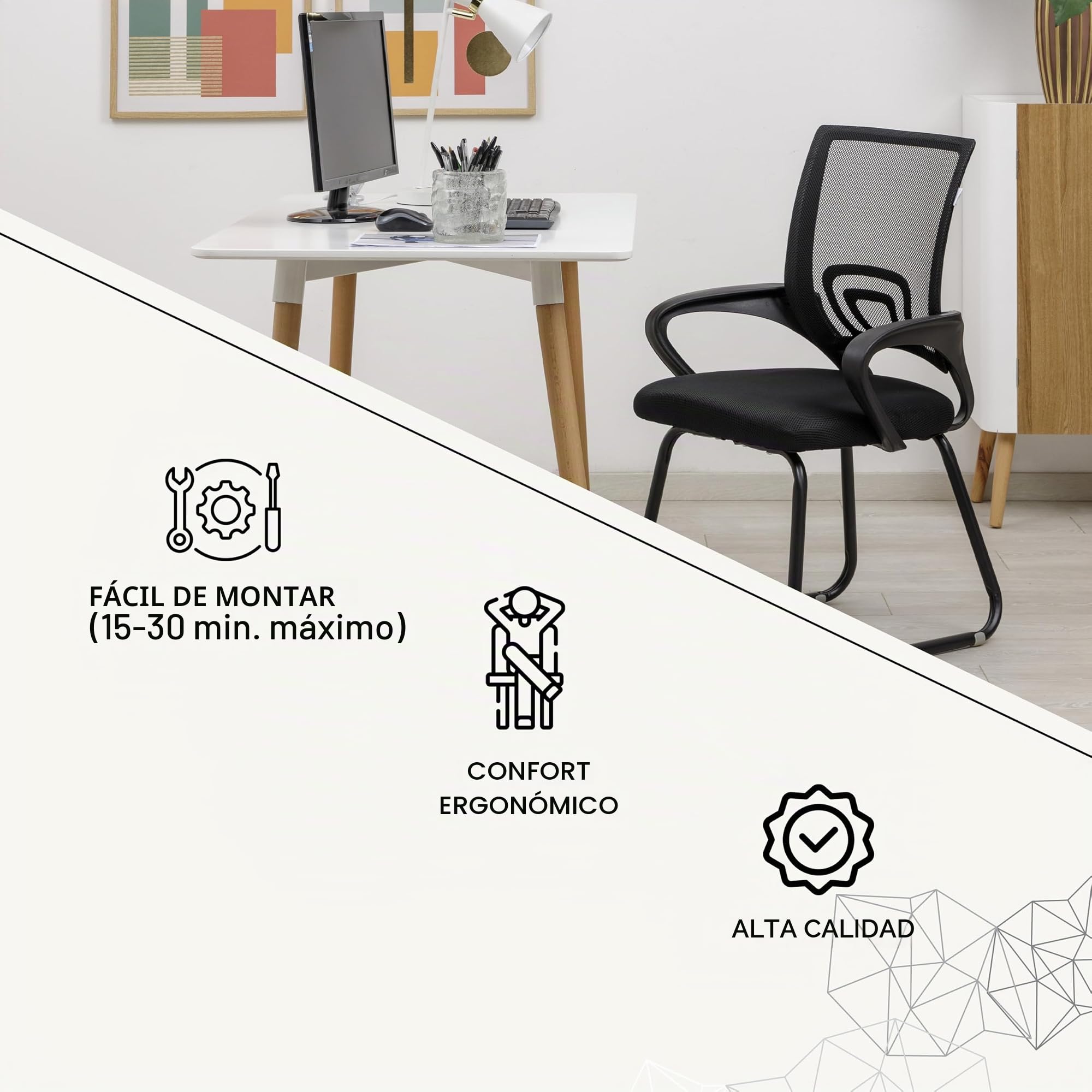 Baroni Home Silla de oficina con reposabrazos con respaldo ergonómico de tela transpirable, silla en voladizo para salas de espera y conferencias, carga 130 kg, negra con patas negras, 46 x 50 x 88 cm