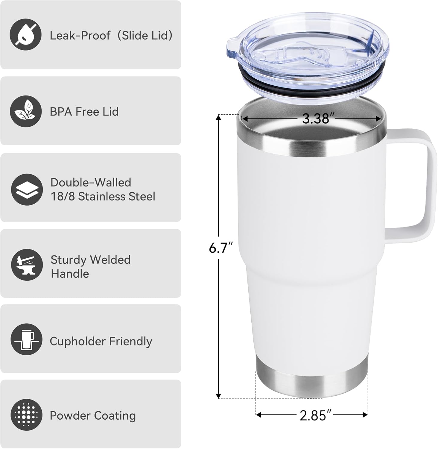 20oz Tumbler Bulk with Lid, Stainless Steel Tumbler Bulk with Handle, Metal Insulated Travel Coffee Mug Set with Handle, Double Wall Vacuum Leak Proof Tumbler Cup, White 6 Pack - Image 2