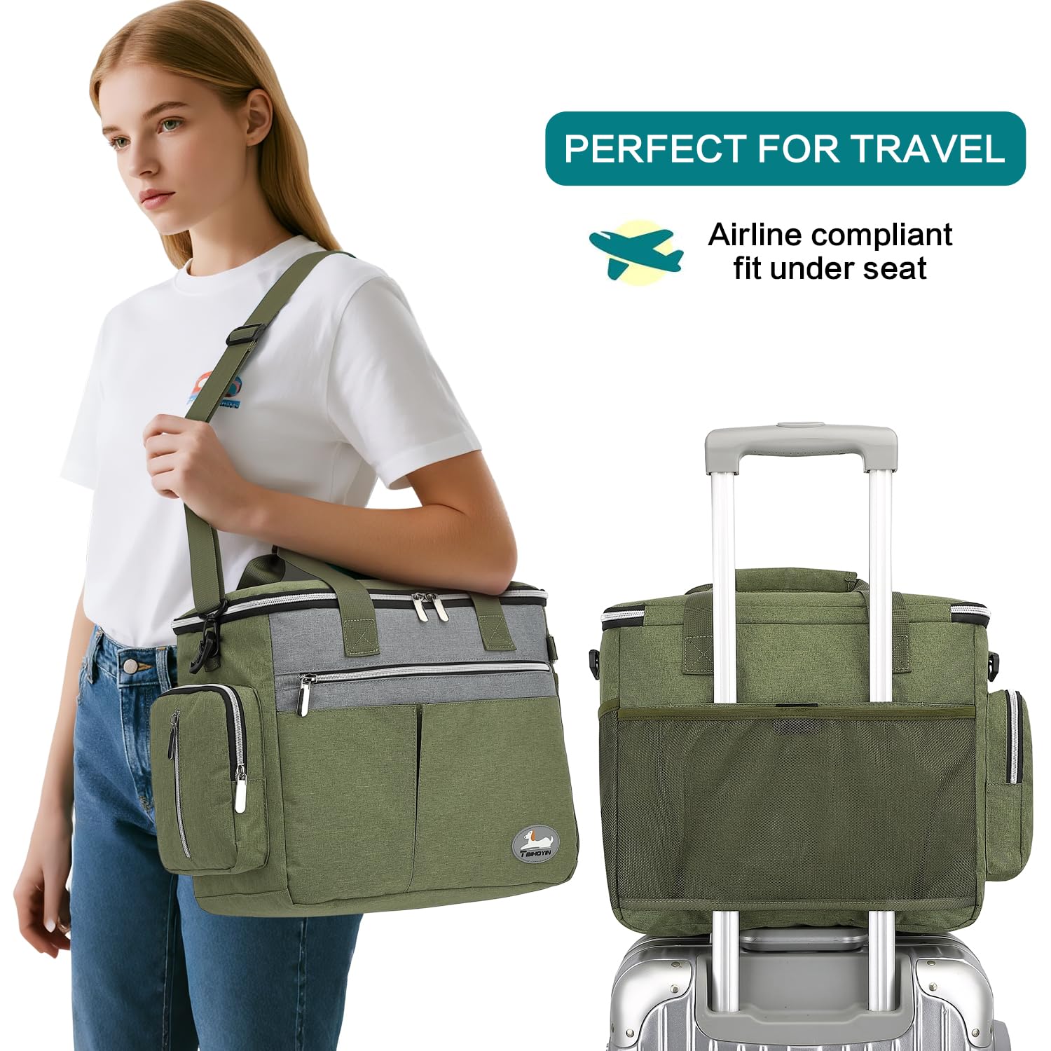 Hunde Reisetasche Flugzeug Haustier Reiseset für Hundezubehör mit 2 Futtertasche + 2 Zusammenklappbare Schüsseln + Fütterungsmatte + Hundeleckerli Tasche, Hundetragetasche für Unterwegs, Grün