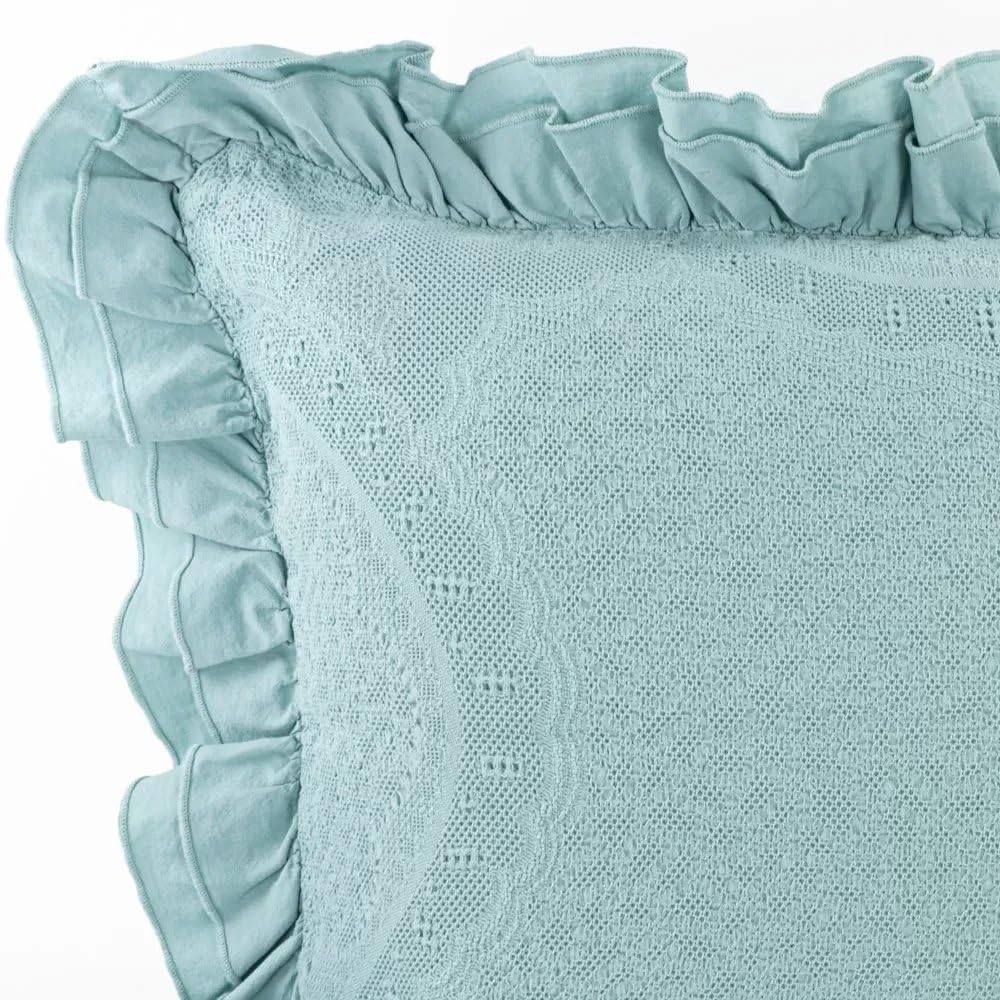 Federa Cuscino 50 x 70 cm Verde Acqua - Cuscino Elegante con finiture Volant - 100% Cotone Prelavato Extra Morbido
