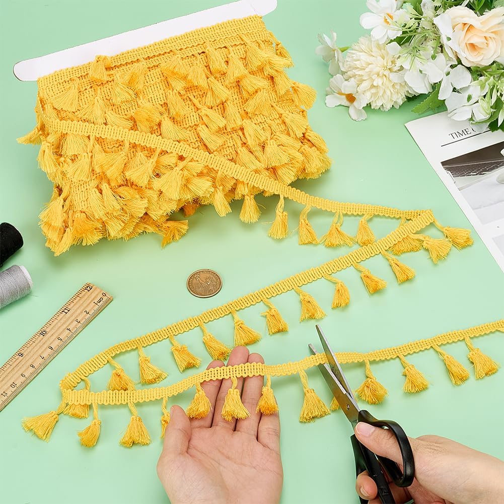 PH PandaHall 25 Yard Mini Tassel Fringe Trim, 1.5 inch Wide Gold Polyester Fringe Ribbon Tassel Lace Trim Boho Tassels Ribbon Sewing Trims for DIY Project Clothing Bag Curtain Home Party Decor