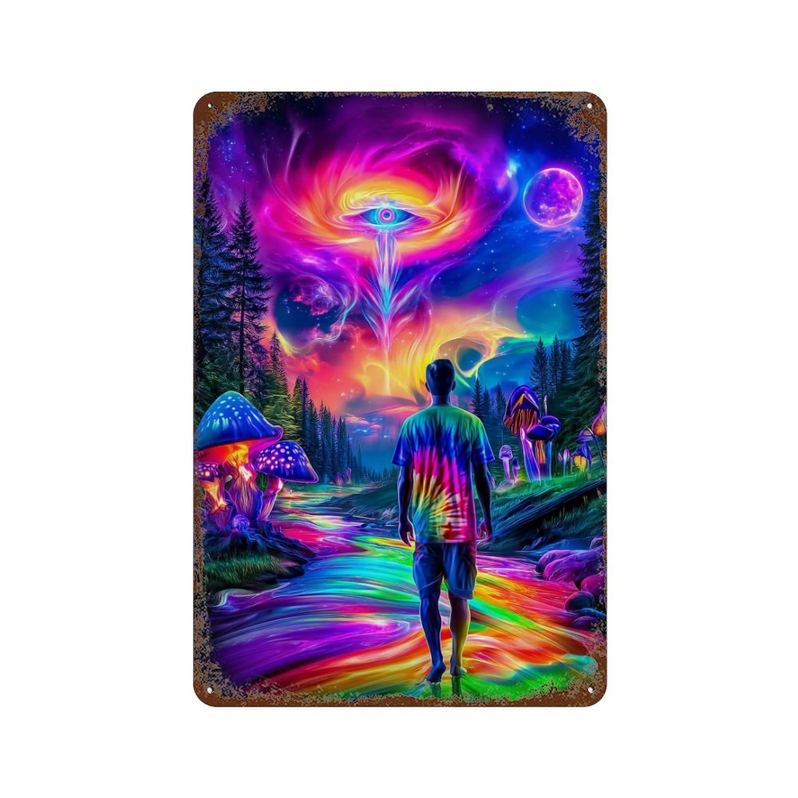 Garage Style Psychedelic Forest Journey Vintage Metal Tin Sign 11.8"x7.9", Classic Wall Plaque for Bar And Workshop