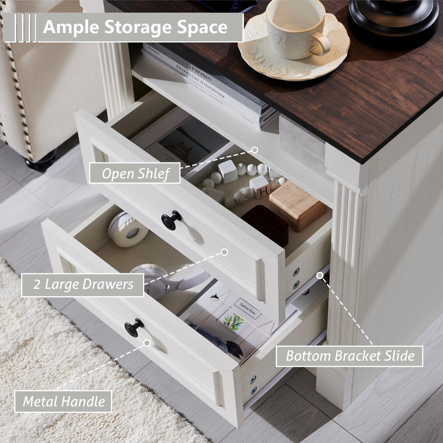 Aitjunz 26" Tall 2 Drawers Dresser for Bedroom, Farmhouse 23.6" Wide Large Nightstand with Charging Station, Wood Rustic Side Table w/Roman Column, End Table for Bedroom, Living Room, White