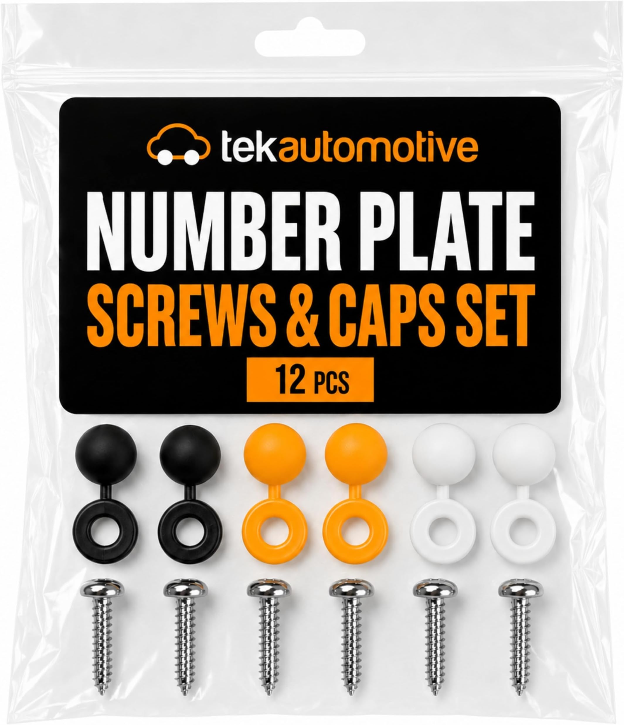 Tek Automotive Number Plate Screws and Caps Kit, 12 Pcs | Black White Yellow Screw Caps, Self Tapping Screws