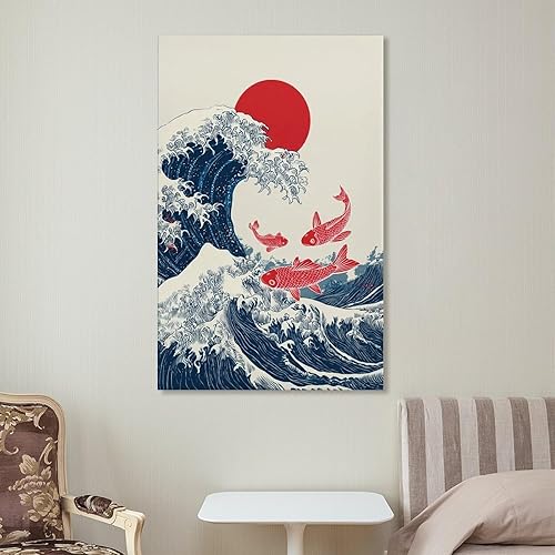 Miniatura 7 de Póster japonés asiático de gran ola con estampado de peces koi, retro, estética, decoración de pared, lienzo para dormitorio, sala de estar,