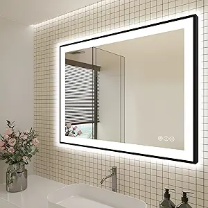 48x36 LED Bathroom Mirrors for Wall - Black Aluminum Framed(Front and Backlit),Anti-Fog Vanity Mirror with Lights,Stepless Dimmable Lighted Mirror,3 Colors Smart Mirror(Horizontal/Vertical)
