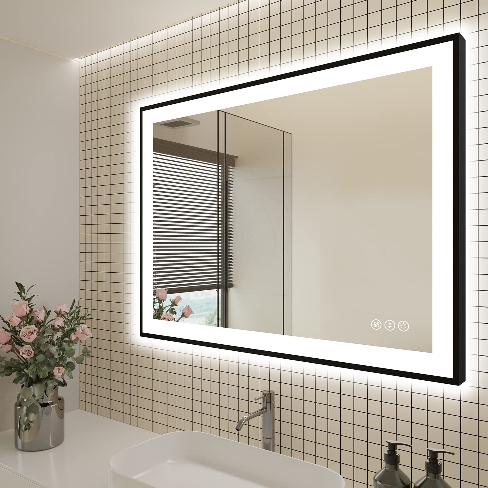 48x36 LED Bathroom Mirrors for Wall - Black Aluminum Framed(Front and Backlit),Anti-Fog Vanity Mirror with Lights,Stepless Dimmable Lighted Mirror,3 Colors Smart Mirror(Horizontal/Vertical)