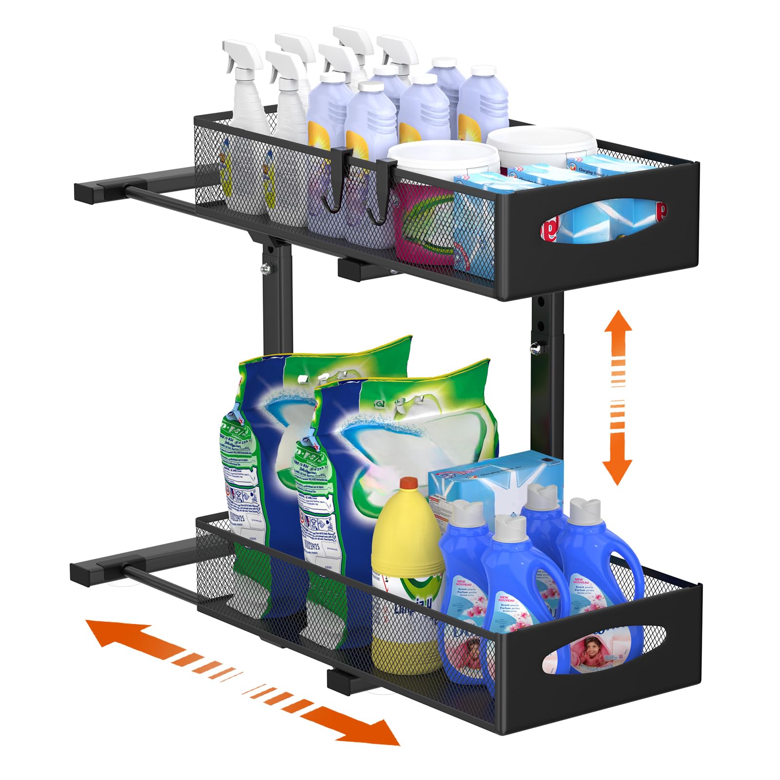 Housolution Black Pack Under Sink Storage, Height Adjustable Pull Out Under Sink Organiser With Sliding Mesh Drawers, Tier Metal Slide Out Kitchen Storage Rack Shelf For Cupboard, Size 2