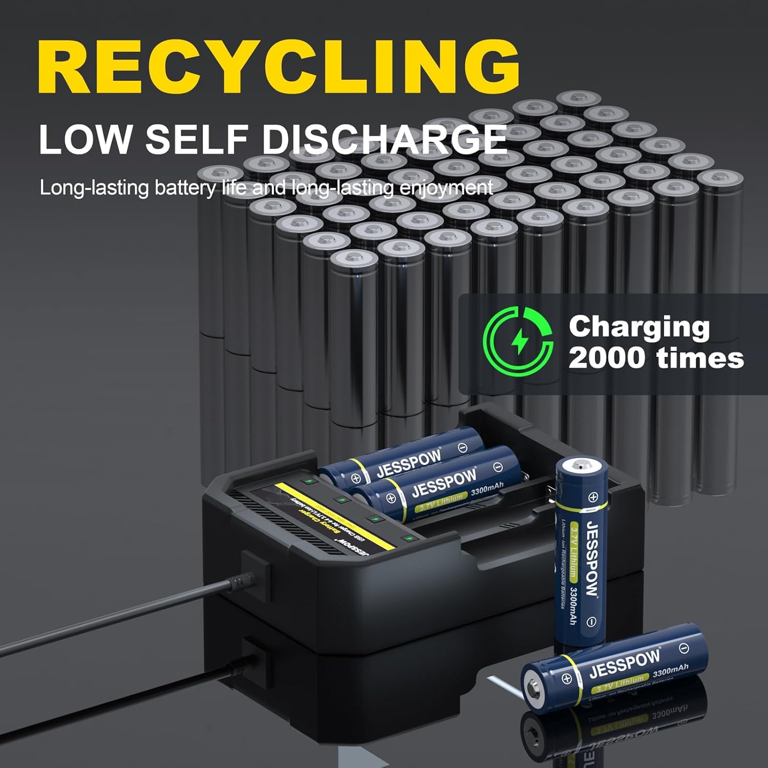 Batteria ricaricabile da 3,7 V con caricabatterie, 6 batterie da 3300 mAh, lunga durata, per torce elettriche, torce frontali (top, non AA)