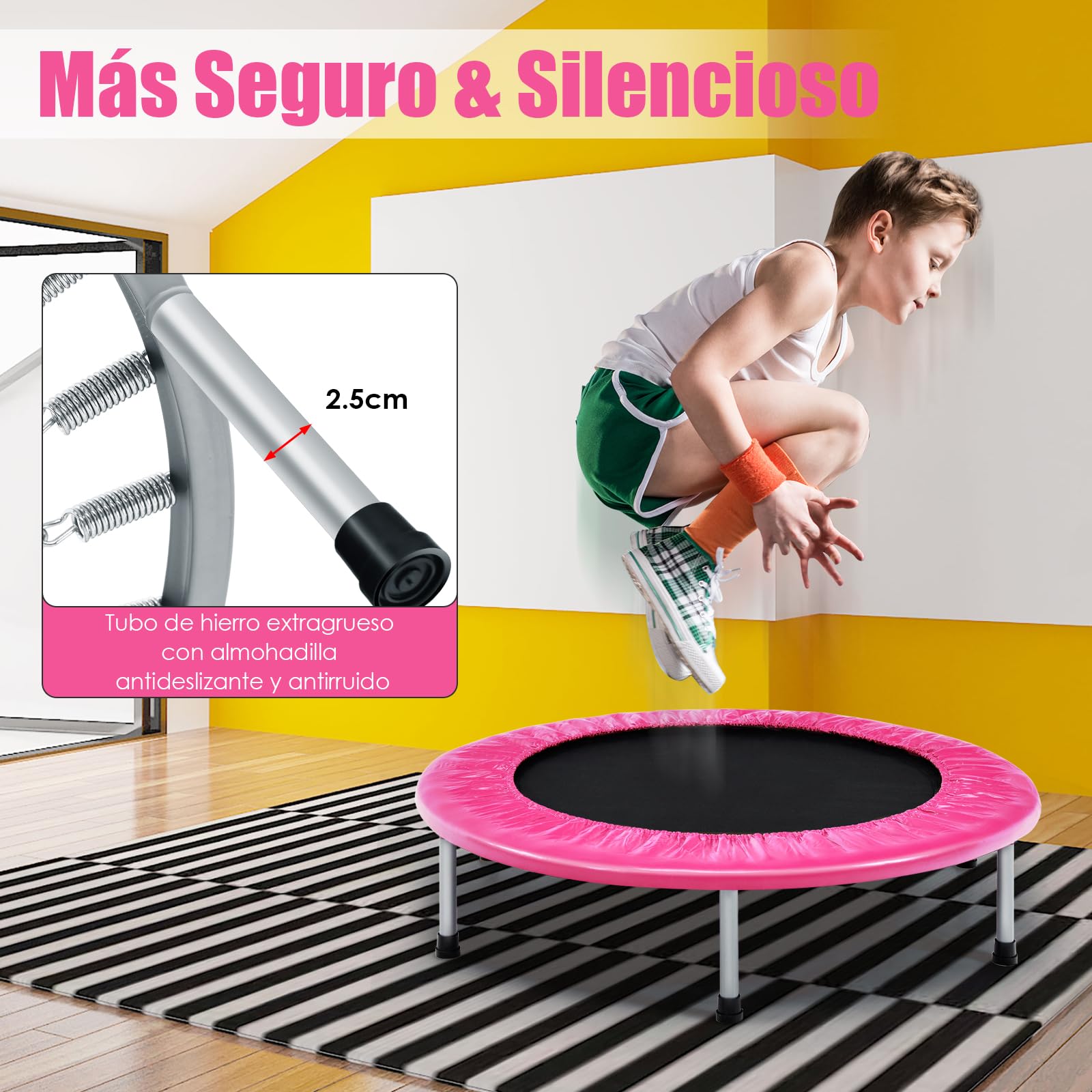 GOPLUS Mini Trampolín Fitness Plegable, Silencioso Trampolín Deportivo para Interior y Exterior con Alfombra de Seguridad, Carga Máxima 150KG, para Adultos y Niños
