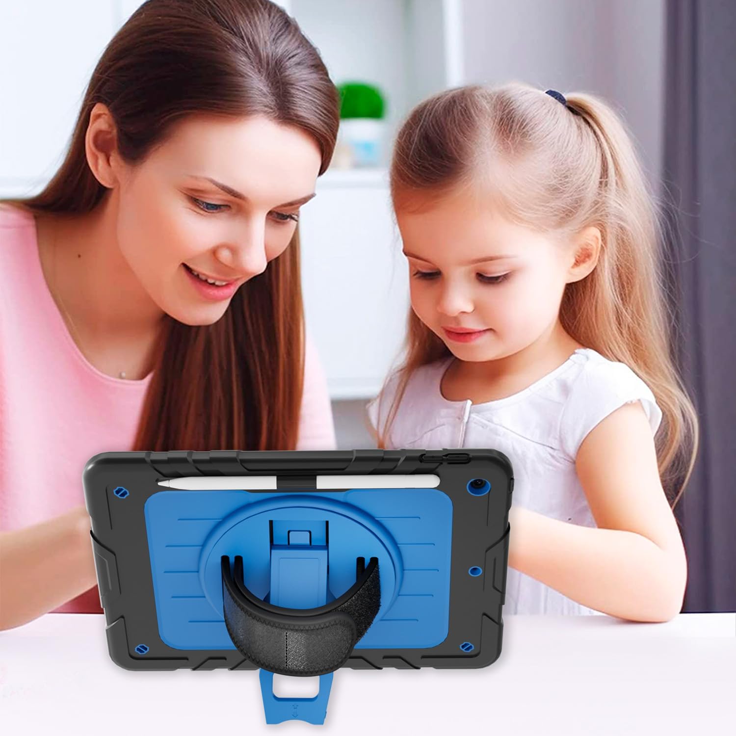 Case for iPad 9th/8th/7th Generation10.2, Shockproof 360 Rotating Stand Shoulder Hand Strap with Pencil Holder for iPad 10.2 inch 2021/2020/2019 Case (Black+SkyBlue)