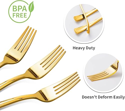 Miniatura 3 de Goodluck Paquete de 150 tenedores de plástico dorados, tenedores resistentes, desechables, cubiertos de plástico perfectos para bodas, fiestas,