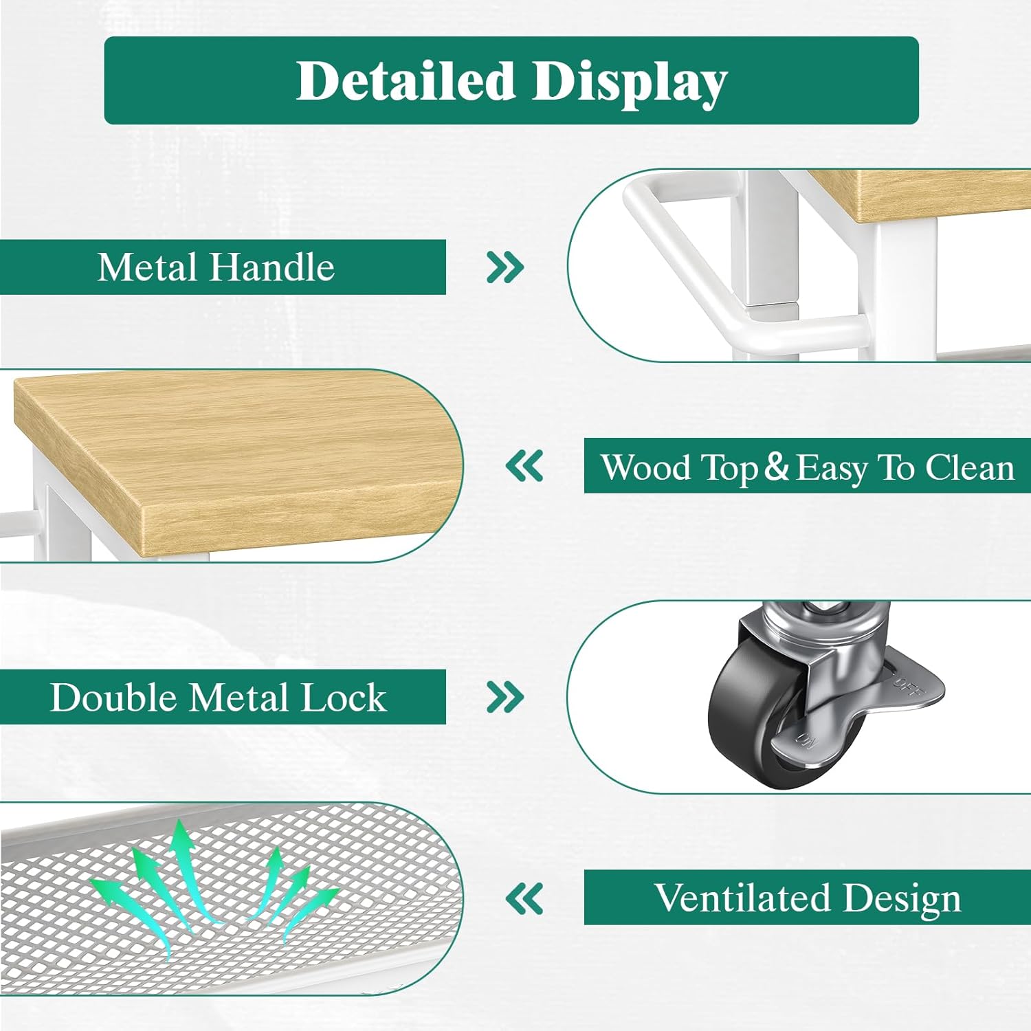 Giwil Slim Rolling Storage Cart 4 Tier Bathroom Organizer Mobile Shelving Unit Utility Cart with Wood Top and Handle for Kitchen Laundry Narrow Places, White