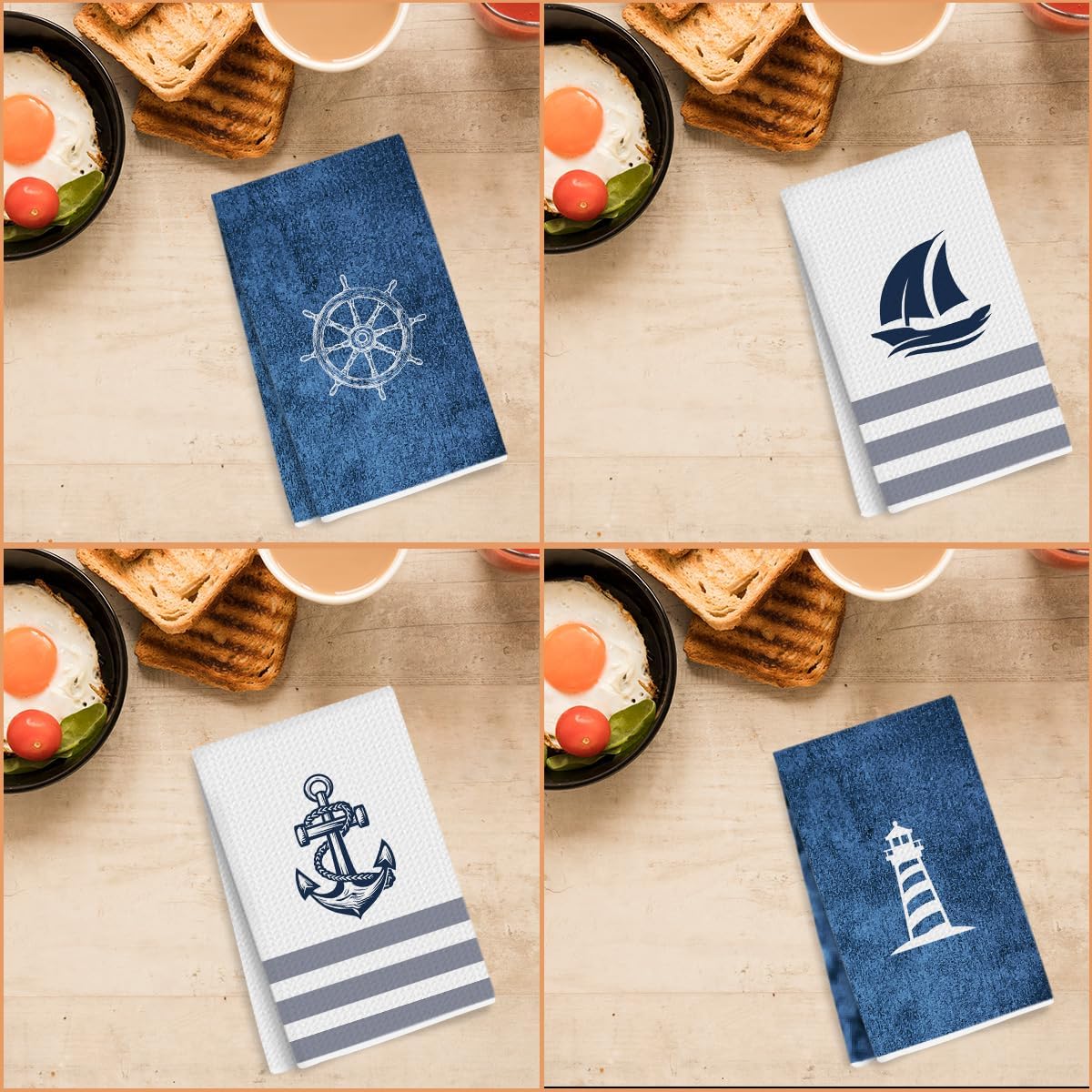 4PCS Navy Blue Nautical Kitchen Decor Towels Gifts for Women & Mom Mariner | Reusable Blue Dish Towels for Coastal Kitchen Bathroom Decor, Waffle Weave Microfiber Absorbent Hand Cloth Tea Towe