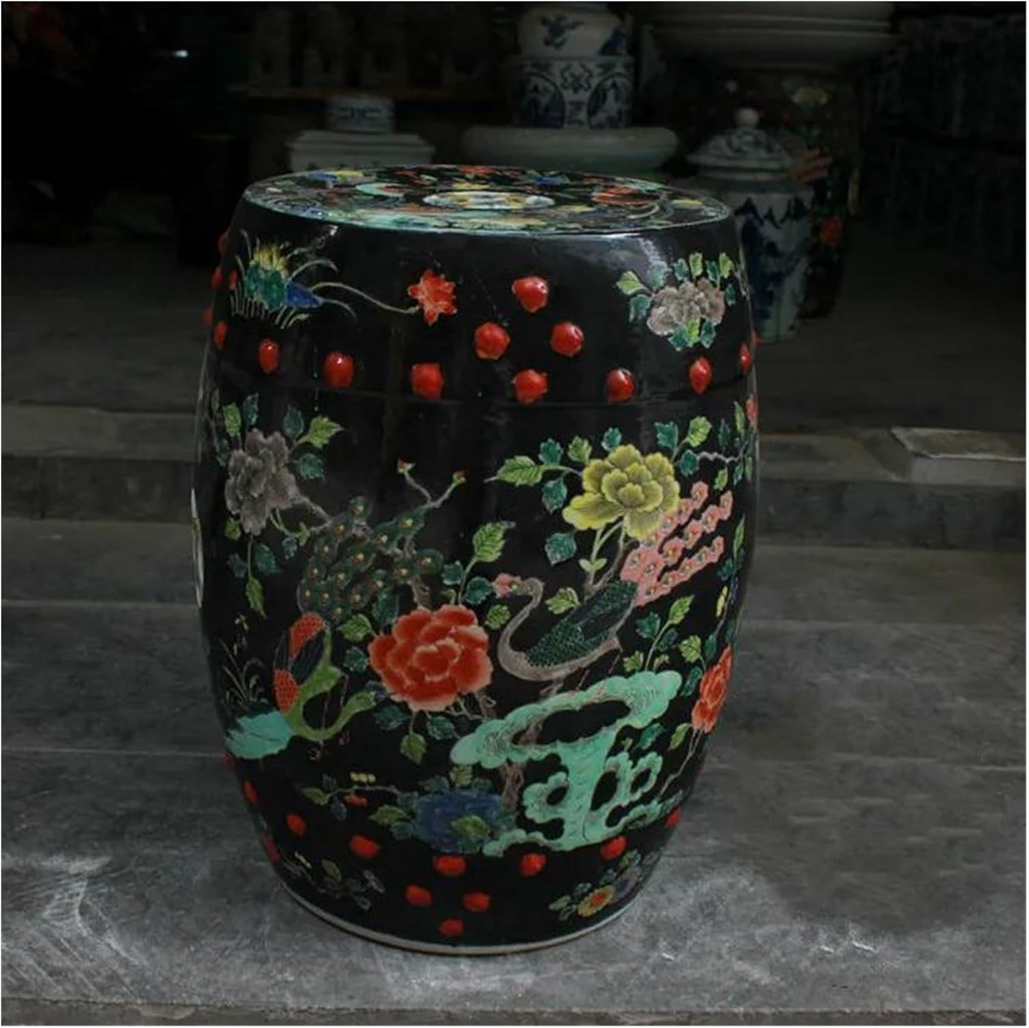 Decorative Garden Stools, Ceramic Stool Hand-painted Ancient Pink-coloured Black-gold Glazed Round Stool Outdoor Balcony Porcelain Stool