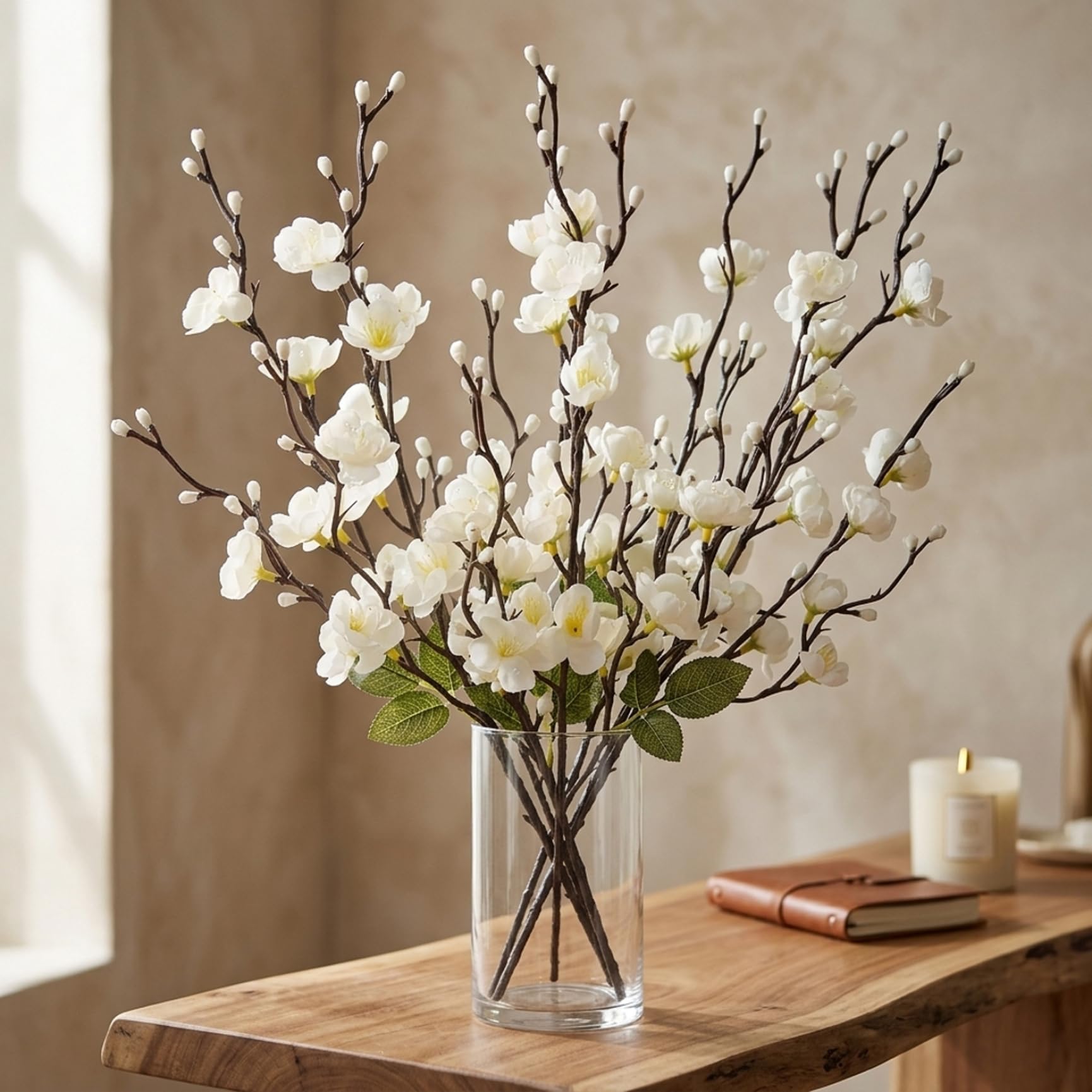 Fleurs artificielles réalistes de prunier blanc en soie pour purifier l'ambiance de la maison