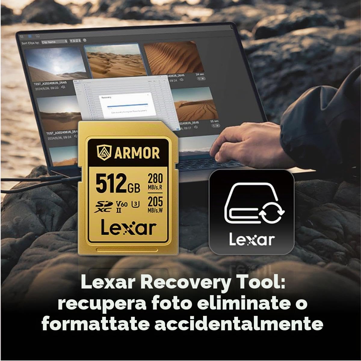 Lexar ARMOR GOLD 512GB SDXC, Scheda di Memoria Rugged in Acciaio, IP68 Impermeabile e Antipolvere, UHS-II ad Alta Velocità, Ideale per Foto e Video 4K/6K