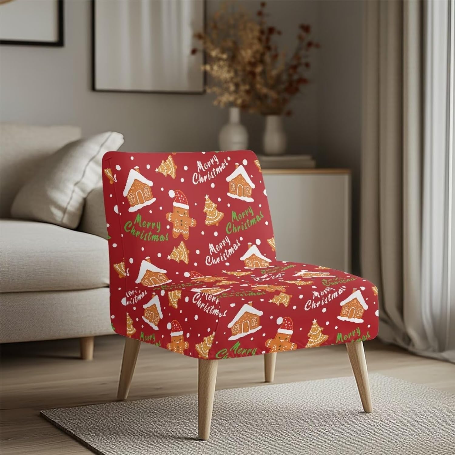 Red Christmas Armless Dining Chair Covers Armless Accent Chair Covers Removable Non-Slip Couch Cover Furniture Protector for Living Dining Room Hotel